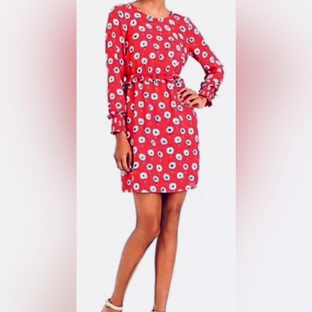 J.Crew Factory Red Floral Ruffle Dress 4 Long Sleeve Shirred Waist